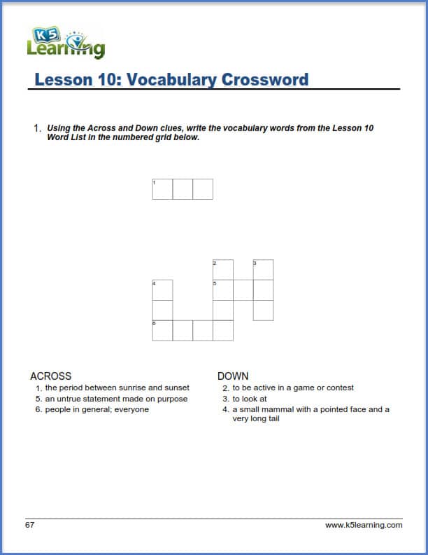 grade 1 vocabulary crossword
