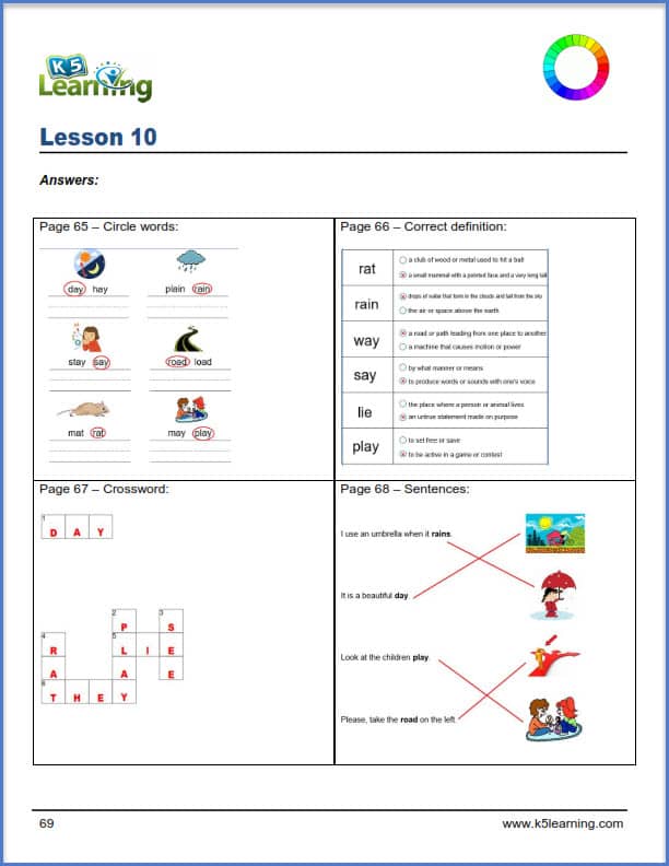 grade 1 vocabulary answer sheet