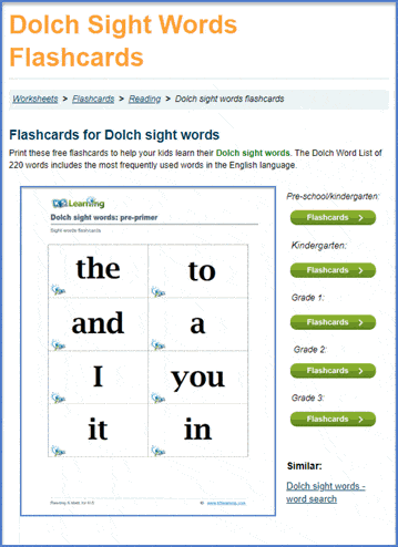 Dolch sight words flashcards page