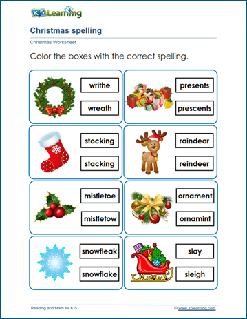 Christmas spelling worksheet
