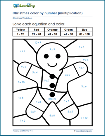 Christmas color by number multiplication worksheet