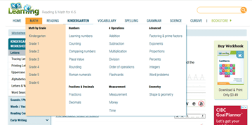 K5 Learning drop-down mega menu