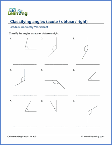 Grade 5 Geometry Worksheets: Classify acute, obtuse and right angles | K5  Learning