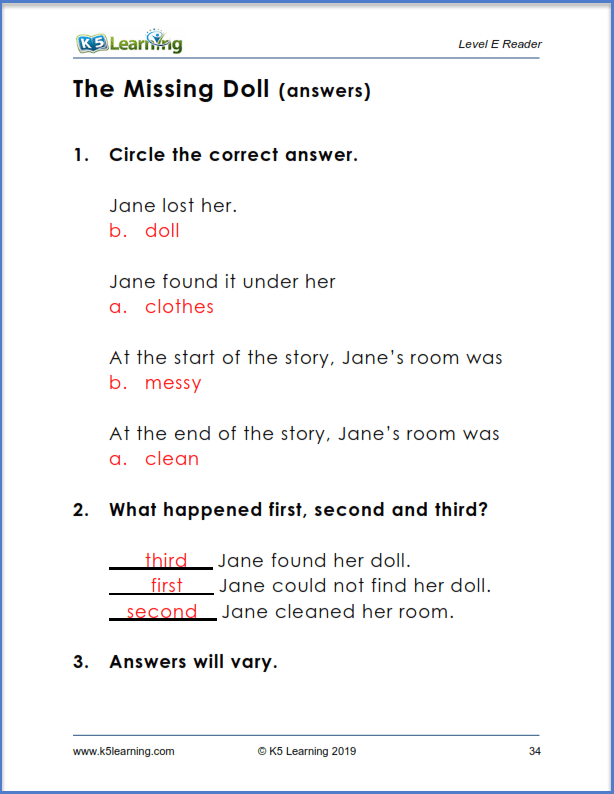 Level E reading comprehension answers