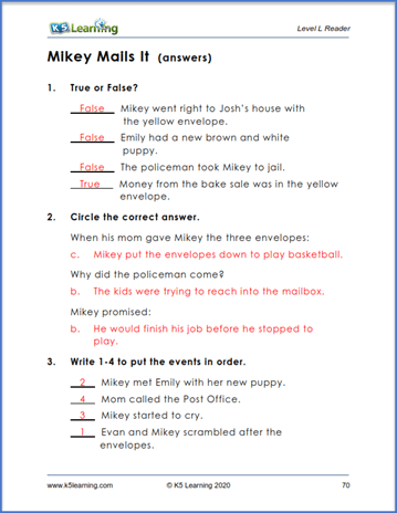grade 2 reading comprehension answer sheet