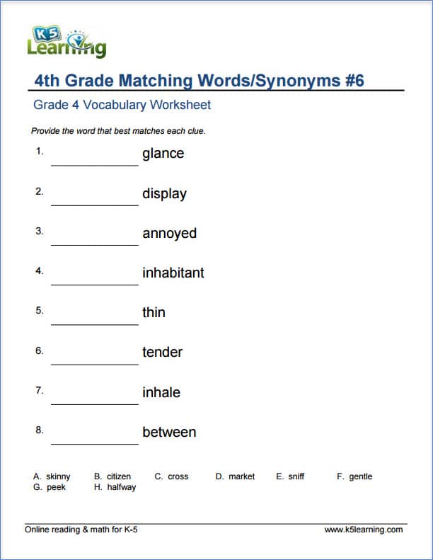 Grade 4 Vocabulary Worksheets - printable and organized by ...
