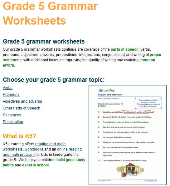 New Grade 5 Grammar Worksheets K5 Learning