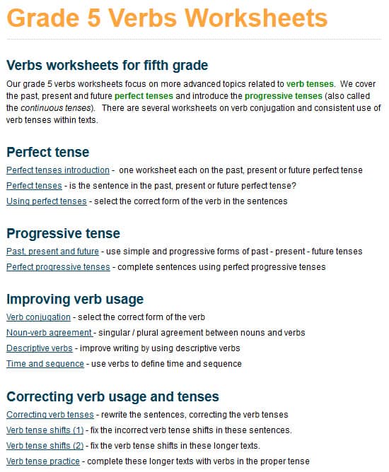 grade 5 verbs worksheets