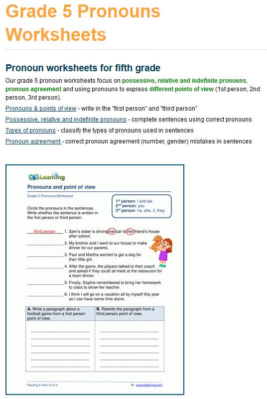 grade 5 pronouns worksheets