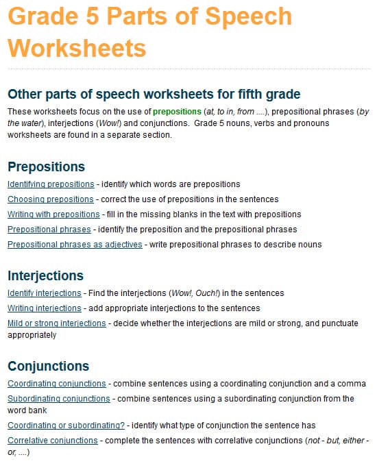 grade 5 parts of speech worksheets