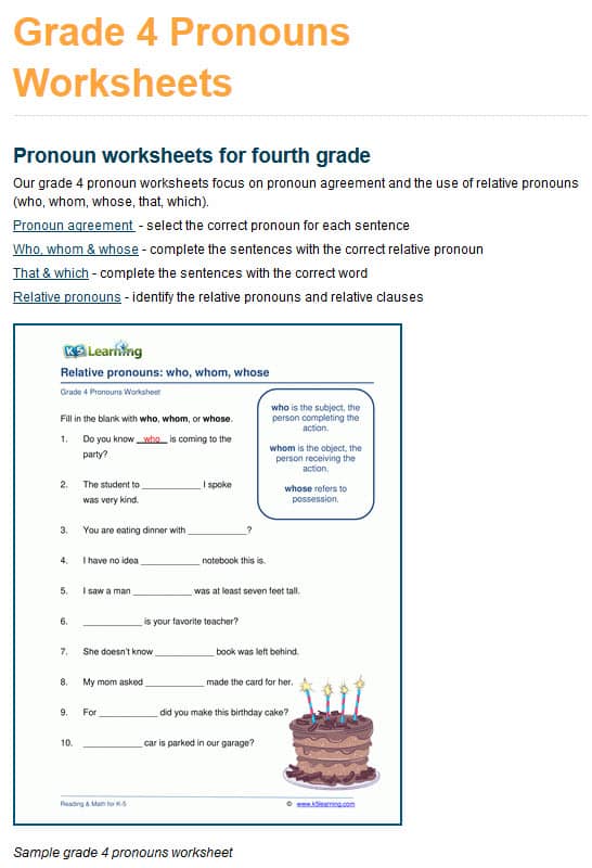 Grade 4 pronouns worksheets