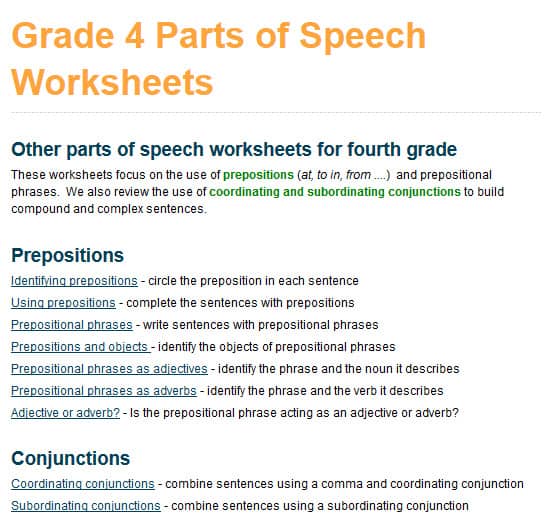 grade 4 parts of speech worksheets
