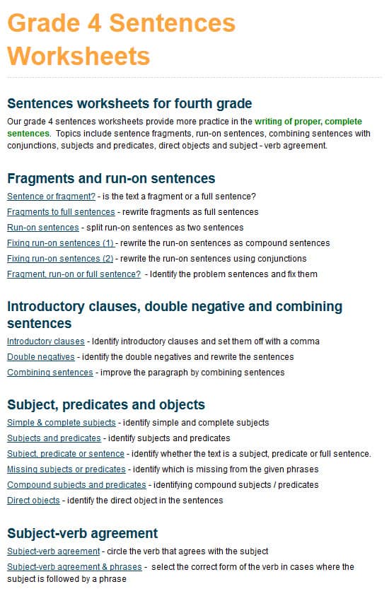 grade 4 sentences worksheets