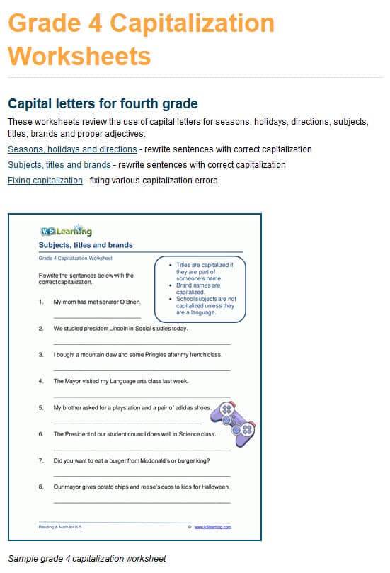 grade 4 capitalization worksheets