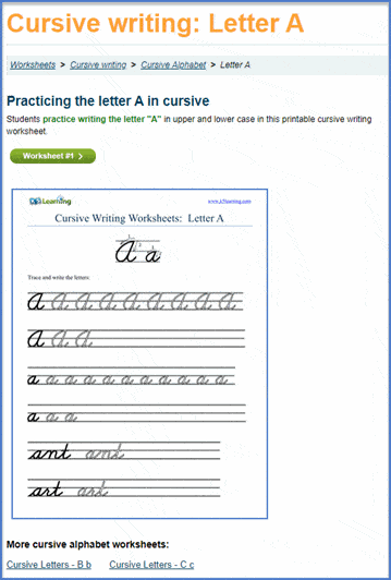 cursive writing alphabet worksheet - letter A