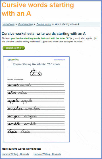 Cursive A words worksheet