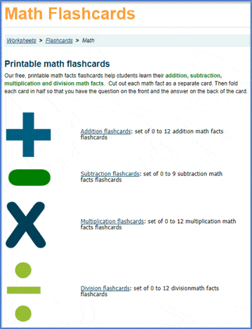 math facts flashcards page