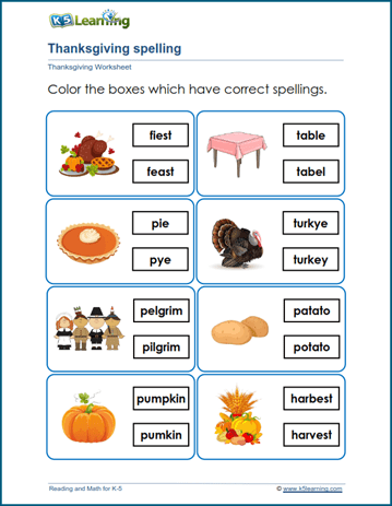 Thanksgiving spelling worksheet