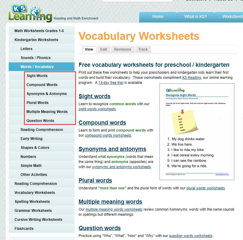 kindergarten vocabulary page