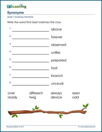 Grade 1 Vocabulary Worksheet - synonyms