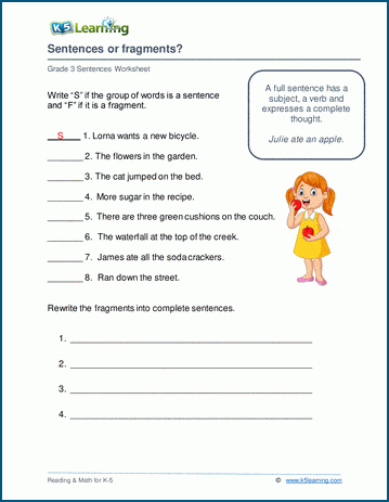 Sample grade 3 sentences worksheet