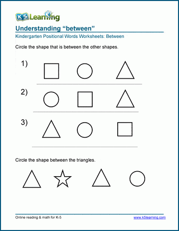 Kindergarten between position worksheets