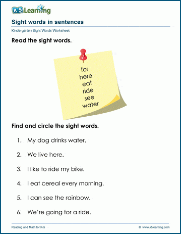 Sight Words in Sentances Worksheet | K5 Learning