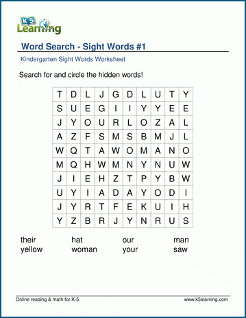 Kindergarten Sight Words Word Searches