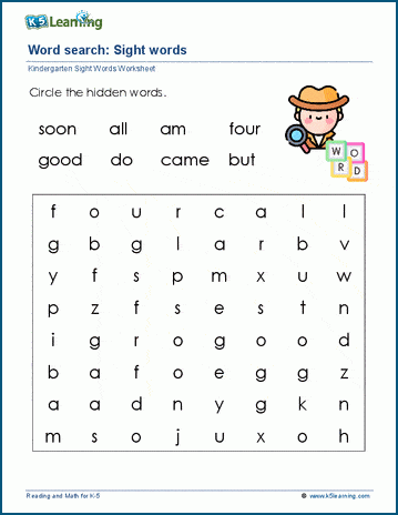 Kindergarten Sight Words Word Searches