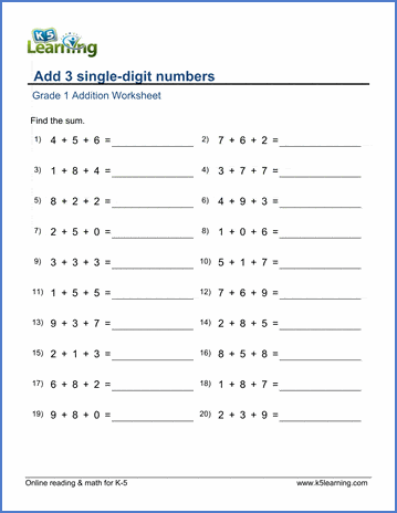 Grade 1 Addition Worksheet on adding 3 single-digit numbers