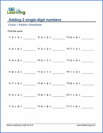 Grade 1 math worksheet - Add 2 single-digit numbers - sum 20 or less