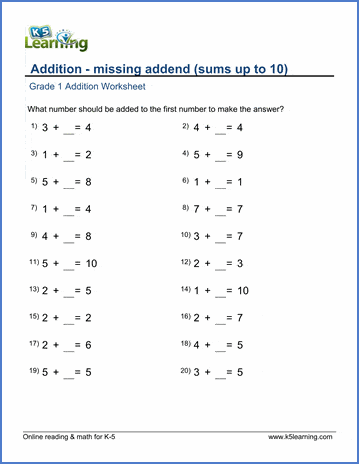 Grade 1 math worksheet -addition with missing addends, sums up to 10 | K5  Learning