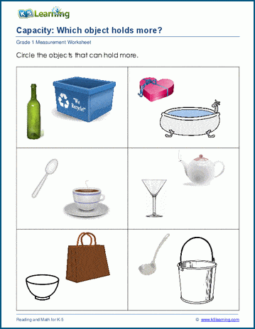 grade 1 capacity worksheets which container holds more k5 learning