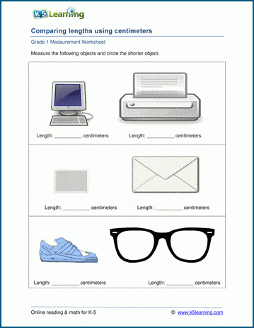 Grade 1 Measurement Worksheet on comparing lengths in cm