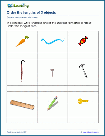 Grade 1 Measurement Worksheet on ordering objects by length