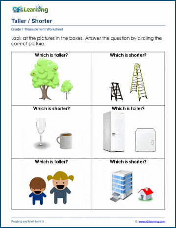 Grade 1 Measurement Worksheet on taller vs shorter