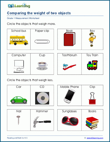 Grade 1 weight which object is heavier (lighter)? | K5 Learning