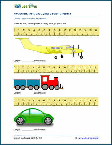 Grade 1 Measurement Worksheet on measuring lengths in centimeters