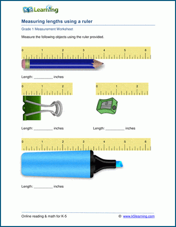 Grade 1 Measurement Worksheet on measuring lengths in inches