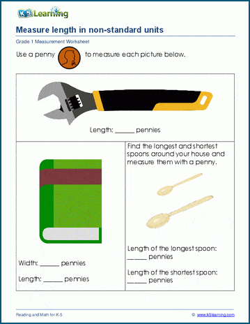 Grade 1 Measurement Worksheet on measuring lengths in non-standard units