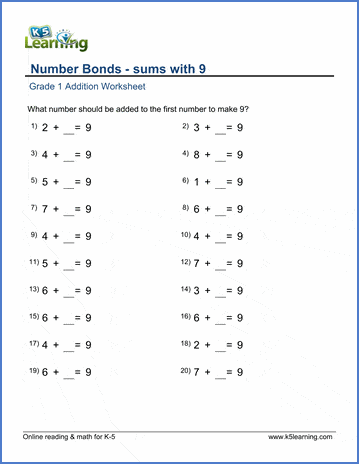 Grade 1 Addition Worksheet on number bonds sums with 9