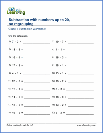 Subtracting numbers up to 20 (no regrouping) - grade 1 worksheets | K5  Learning
