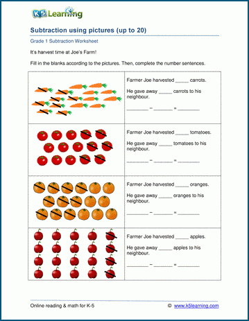 Grade 1 Subtraction Worksheet on subtracting with pictures (0-10)