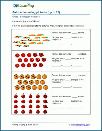 grade 1 subtraction with objects 0 20 math worksheets k5 learning