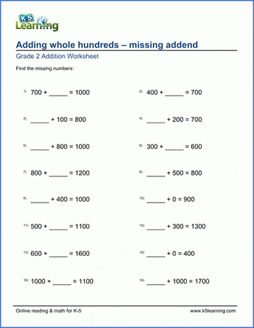Grade 2 Addition Worksheet on adding whole hundreds - missing addend