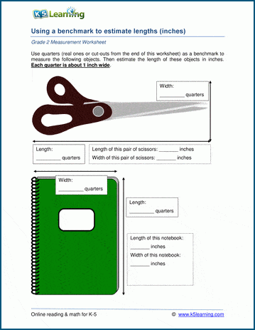 Grade 2 Measurement Worksheet on using benchmarks to estimate lengths