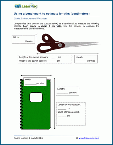 Grade 2 Measurement Worksheet on using benchmarks to estimate metric lengths
