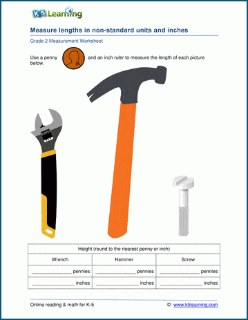 Grade 2 Measurement Worksheet on lengths in non-standard units and inches