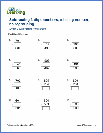 Grade 2 Subtraction Worksheet on subtracting a 3-digit number from a 3-digit number, missing number