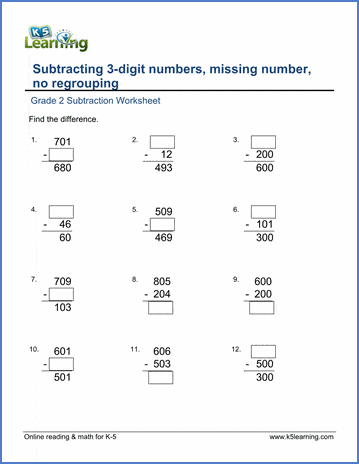 grade 2 math worksheets subtract 3 digit numbers missing number k5 learning